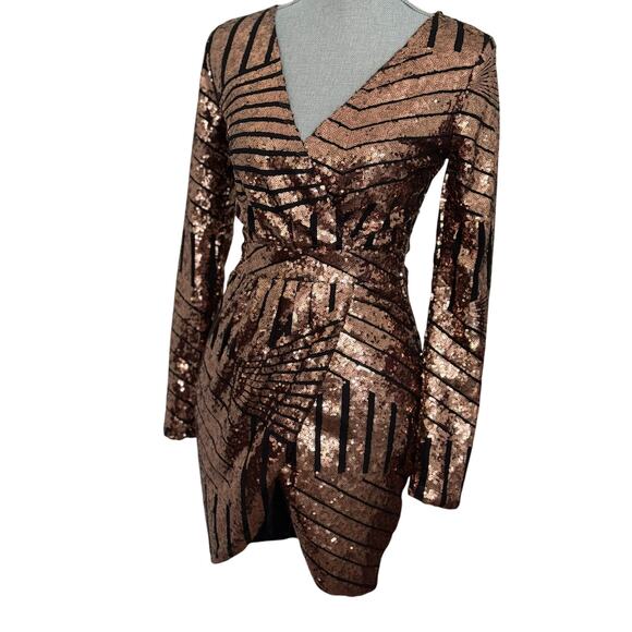 Banjul Faux Wrap Black Rose Gold Sequence Cocktail Party Dress Women's Size S - Picture 3 of 13